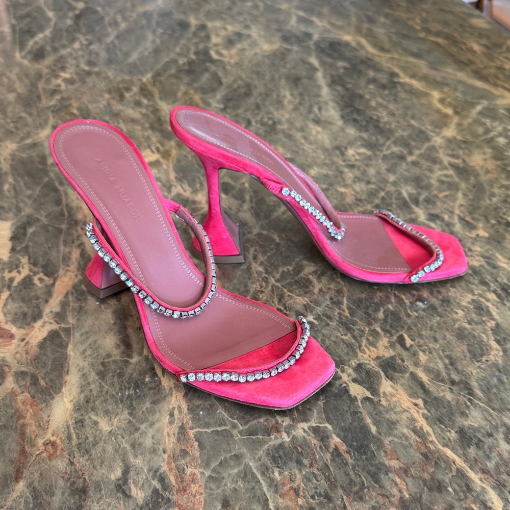 Amina Muaddi Pink Heeled Sandals with Rhinestones